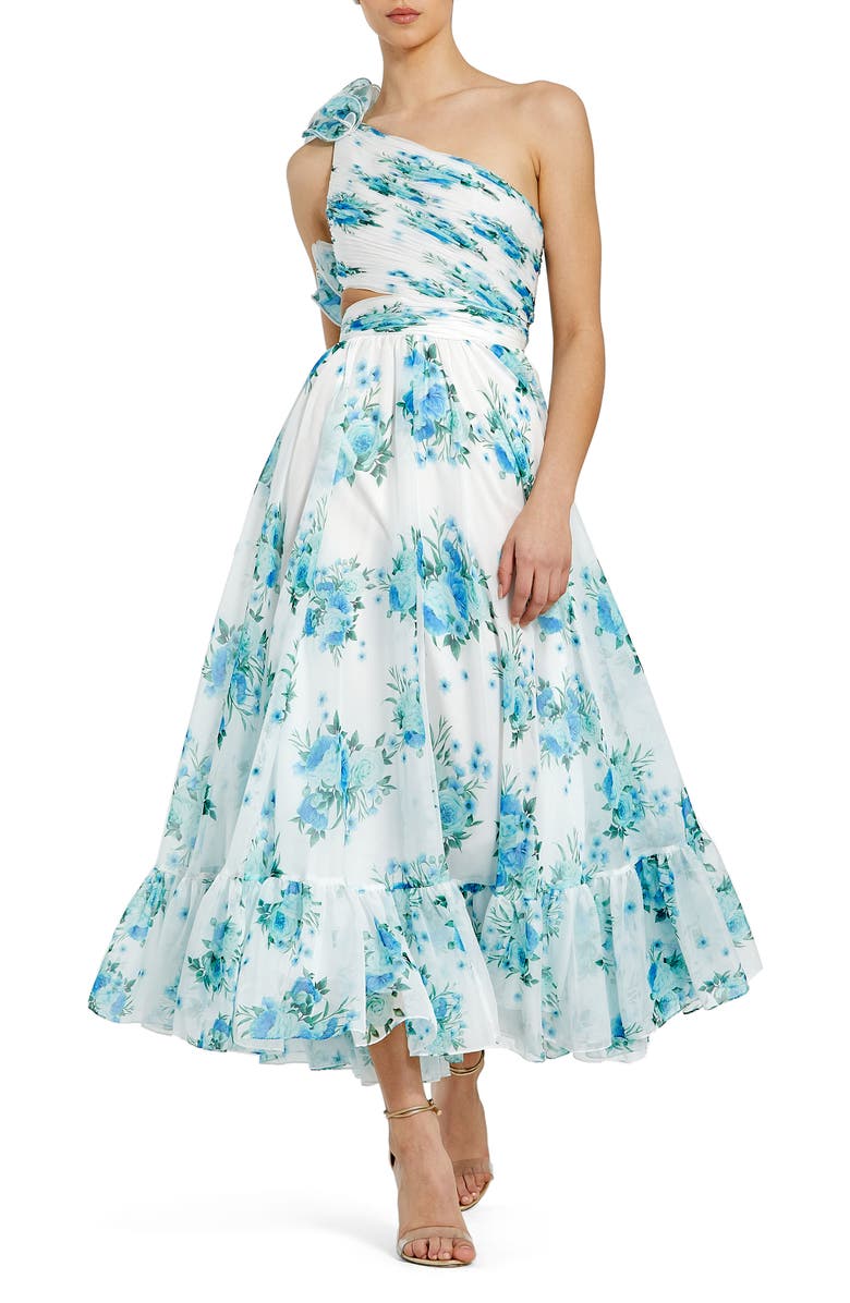 Mac Duggal One Shoulder Ruffle Cut-Out Chiffon Midi Dress, Main, color, White Multi