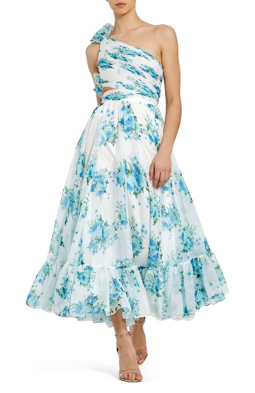 Mac Duggal Floral Print Ruffle Cutout One-shoulder Midi Dress In White Multi
