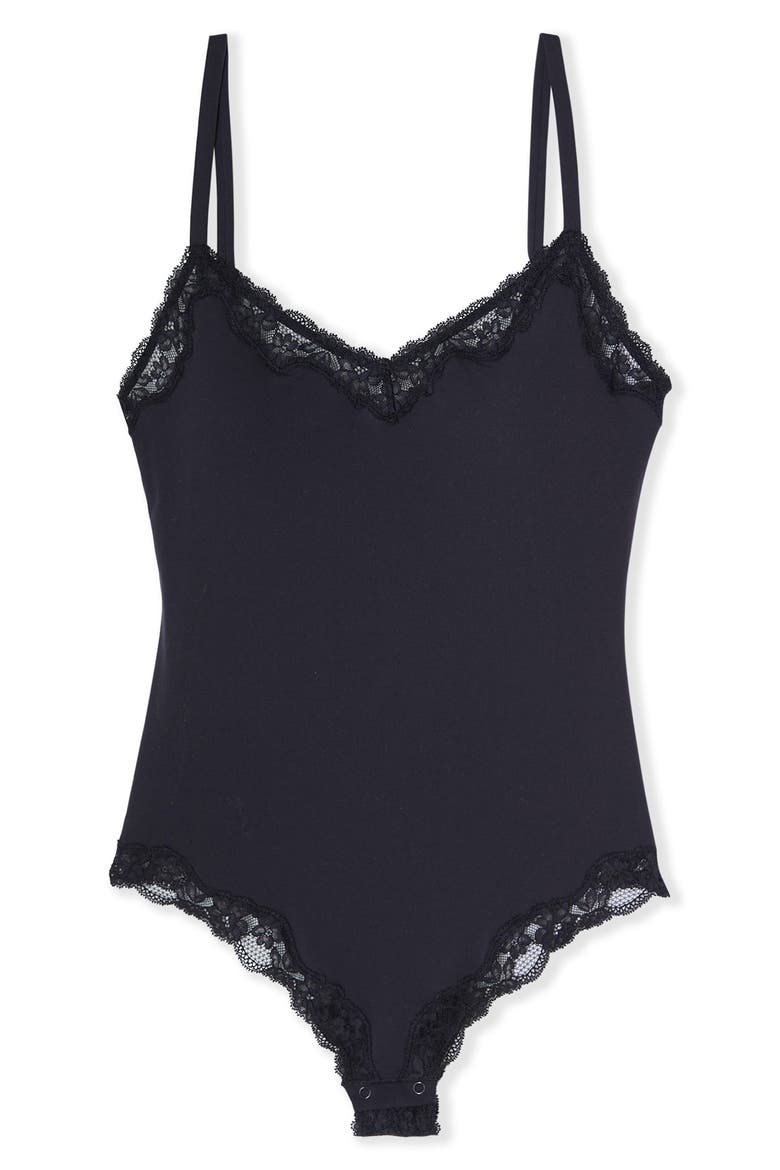 Lace Trim Bodysuit, Alternate, color, BLACK