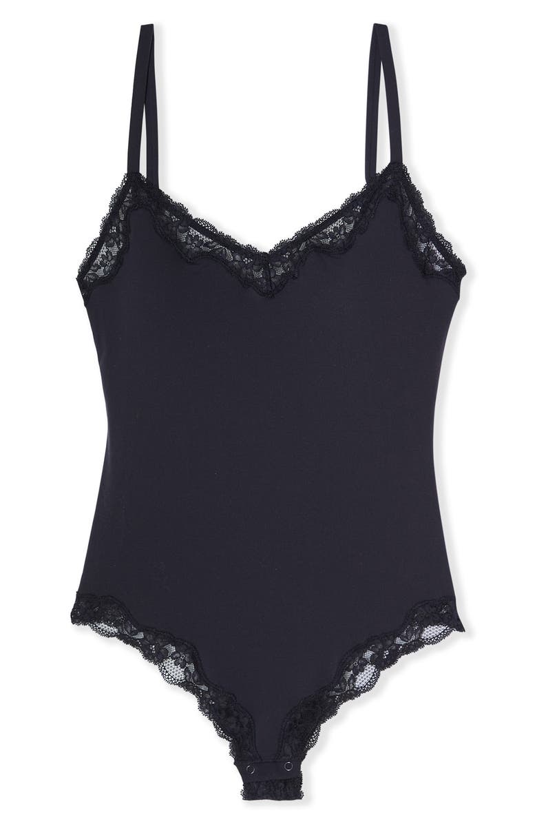 Etam Lace Trim Bodysuit, Alternate, color, Black