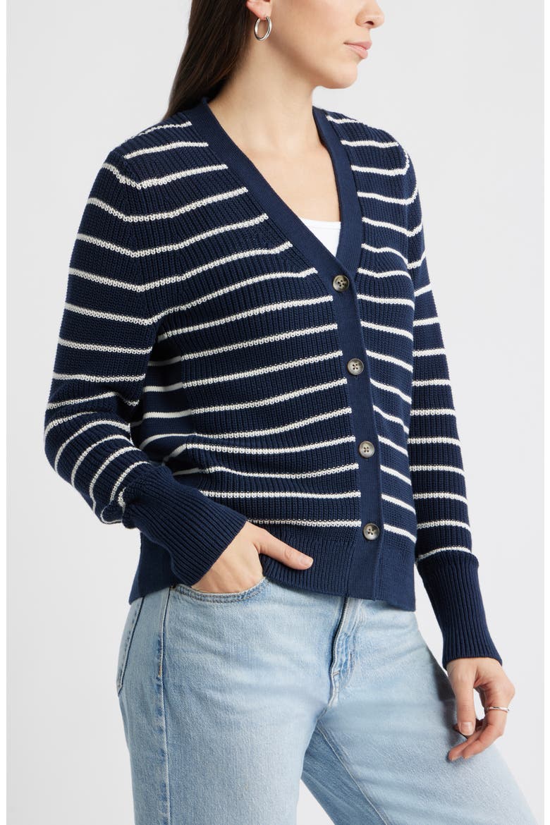 Shaker Stitch V-Neck Pima Cotton Cardigan, Alternate, color, NAVY STILL- IVORY JANA STRIPE