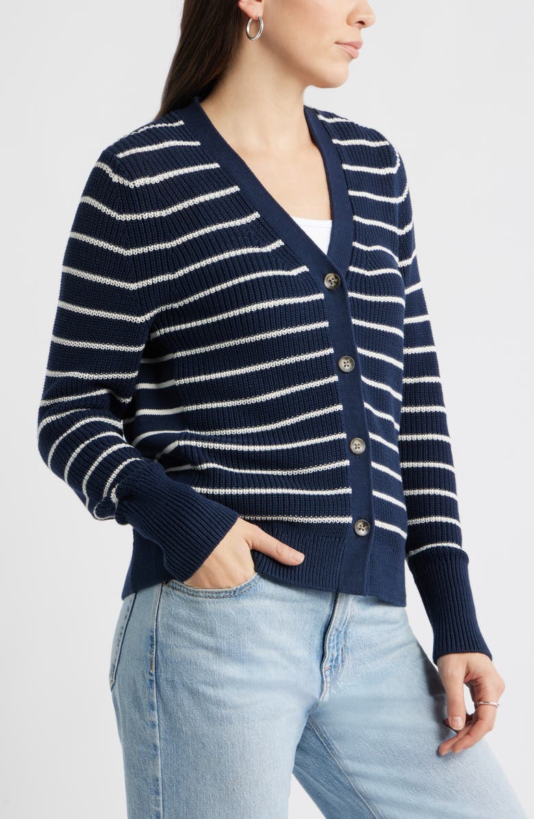 Caslon<sup>®</sup> Shaker Stitch V-Neck Pima Cotton Cardigan, Alternate, color, Navy Still- Ivory Jana Stripe