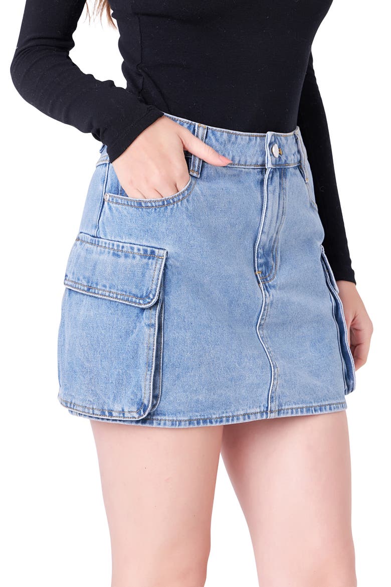 Denim Cargo Miniskirt, Alternate, color, DENIM
