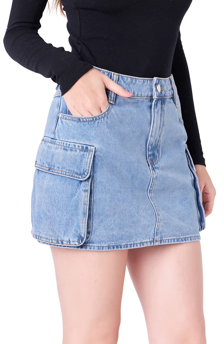 English Factory Denim Cargo Miniskirt, Alternate, color, Denim