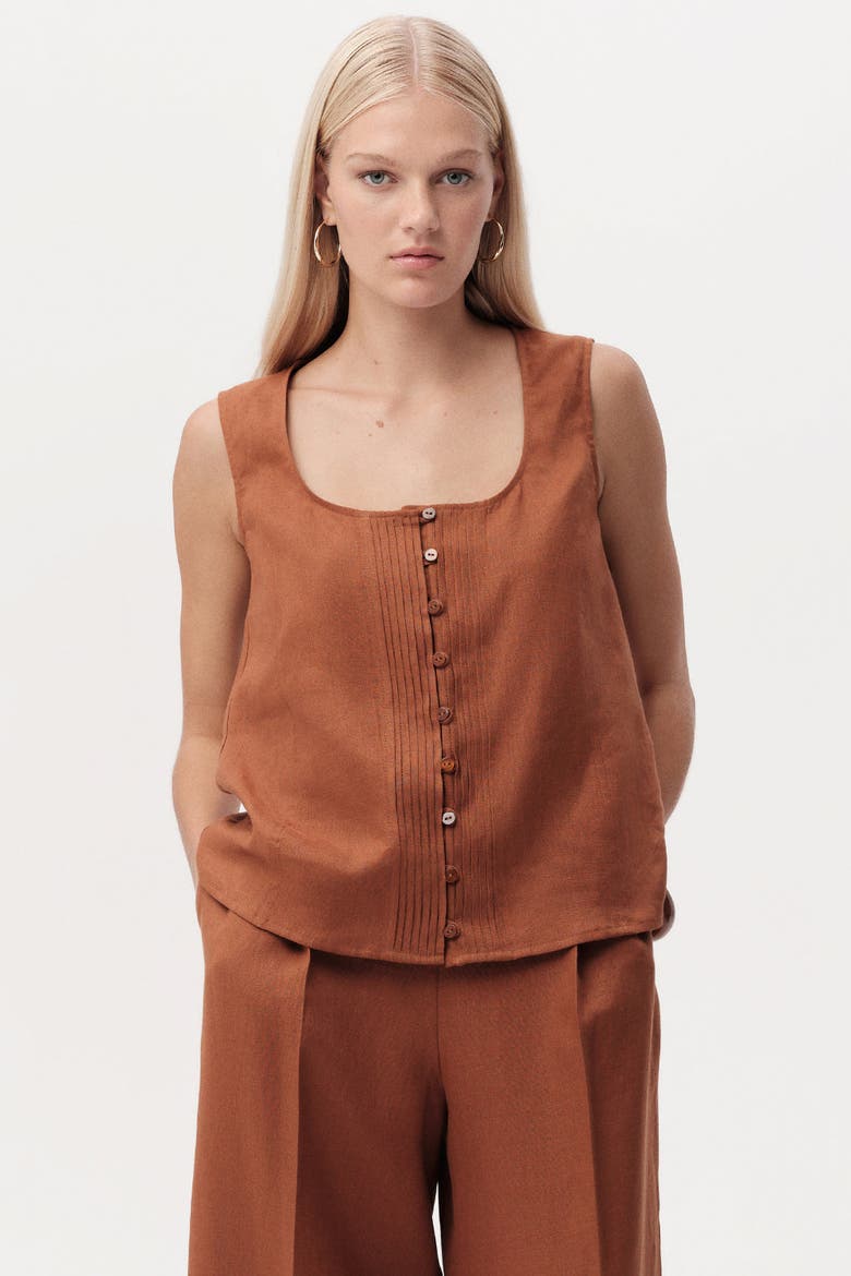 Edna Square Neck Linen Shirt, Alternate, color, Brown