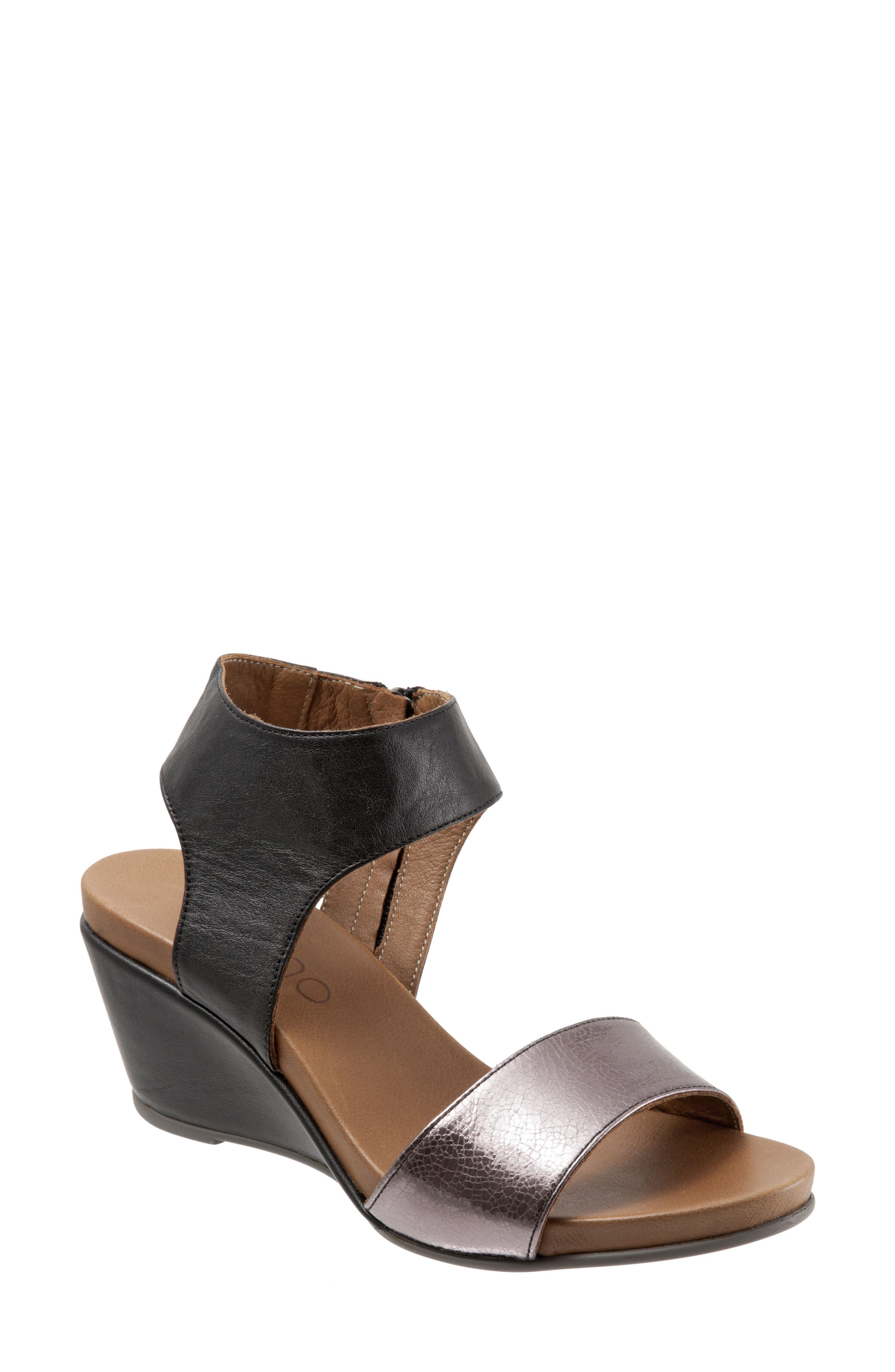 Ida Wedge Sandal, Main, color, PEWTER METALLIC/ BLACK LEATHER