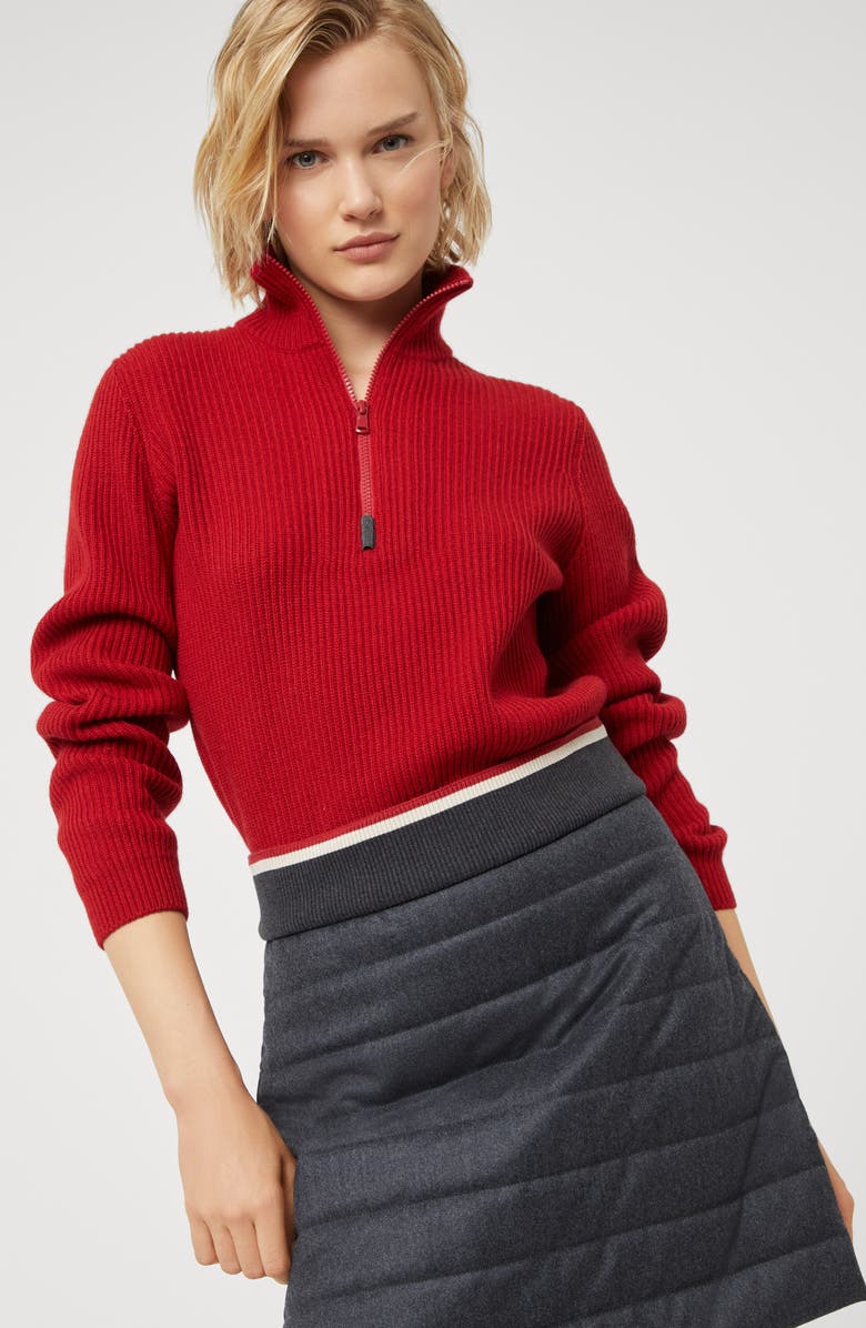 Brunello Cucinelli Cashmere English rib sweater with half zip and shiny detail, Alternate, color, 