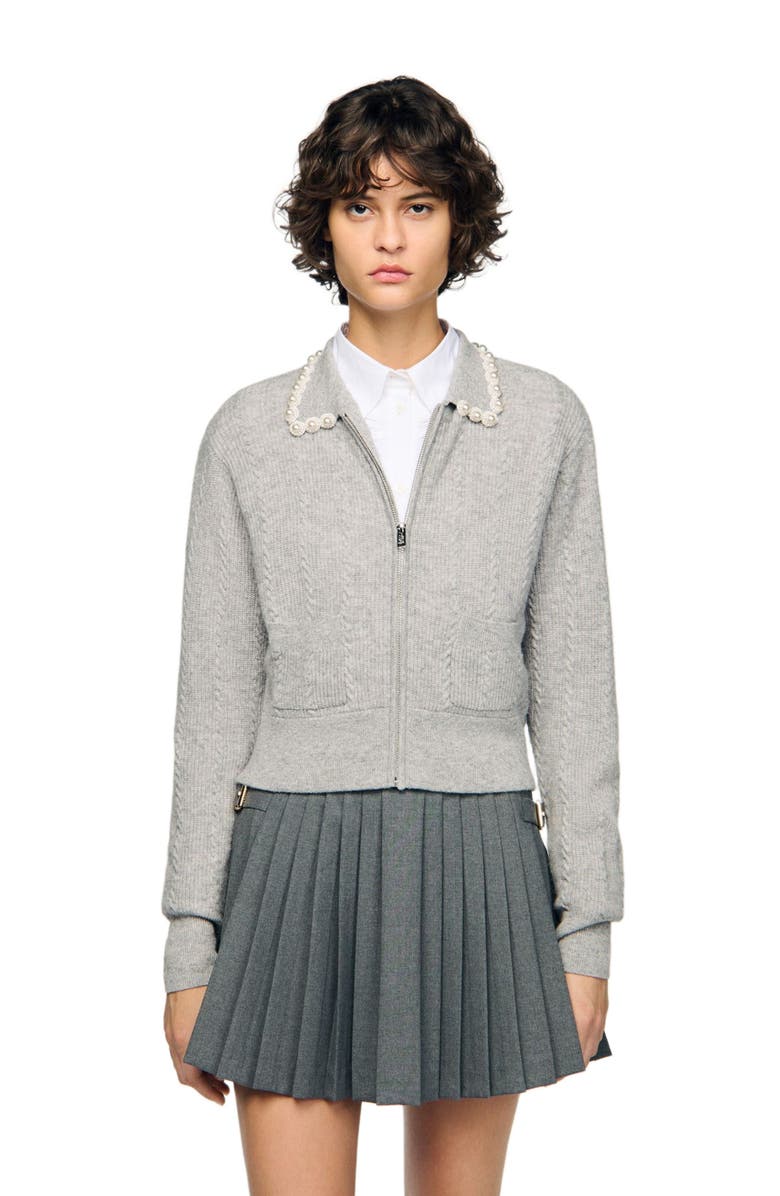 SANDRO Cardigan with beaded collar, Alternate, color, Grey