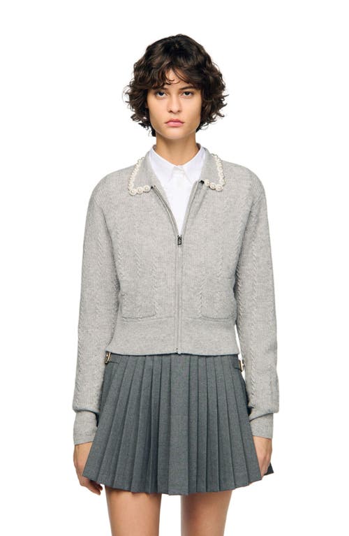 Sandro Cardigan With Beaded Collar In Gray