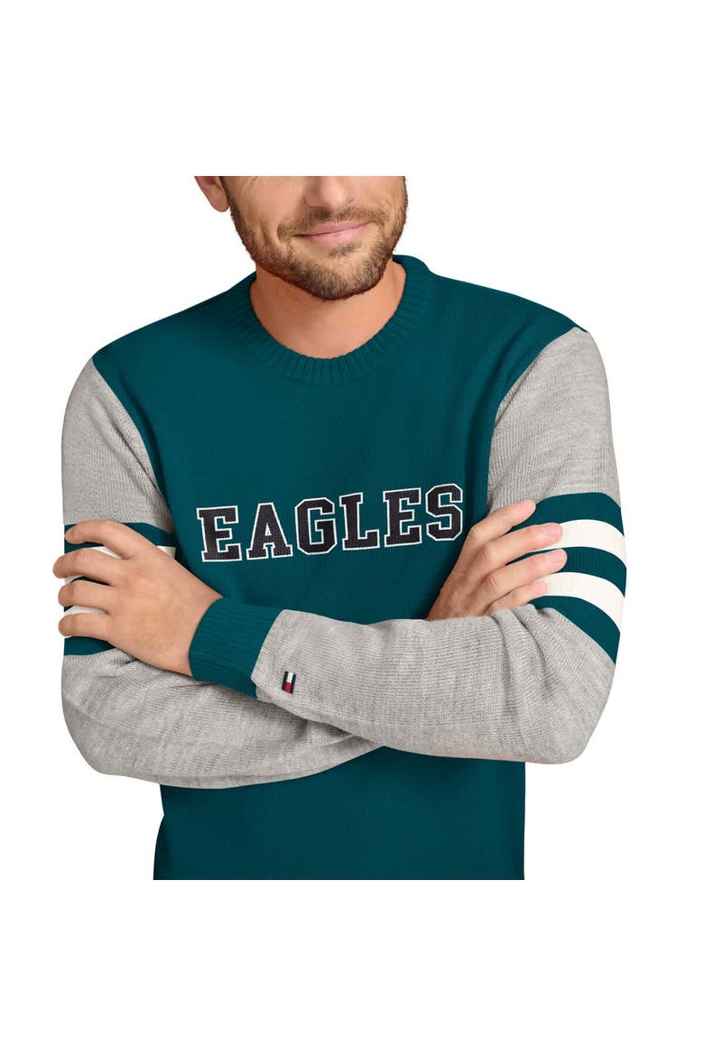 Men's Tommy Hilfiger Midnight Green/Heather Gray Philadelphia Eagles Acrylic Crewneck Pullover Sweatshirt, Alternate, color, Green