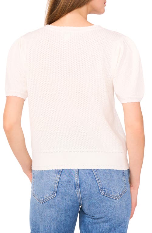 Cece Pointelle Knit Short Sleeve Cardigan In White