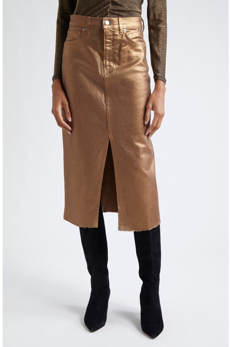 Victoria Front Slit Metallic Midi Skirt, Main, color, ANTIQUE BRASS