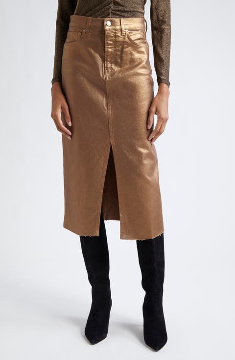 Victoria Front Slit Metallic Midi Skirt
