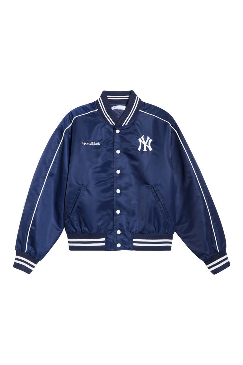 New York Yankees Curve Nylon Varsity Jacket, Main, color, DARK NAVY/WHITE