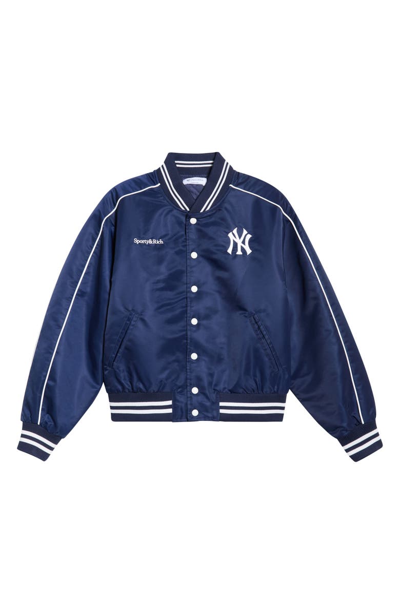 Sporty & Rich New York Yankees Curve Nylon Varsity Jacket, Main, color, Dark Navy/White