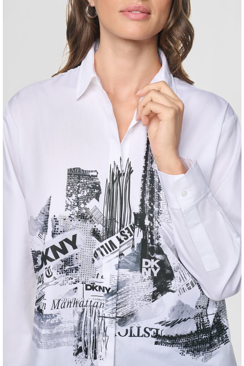 City Printed Rhinestone Cotton Button-Up Shirt, Alternate, color, WHITE