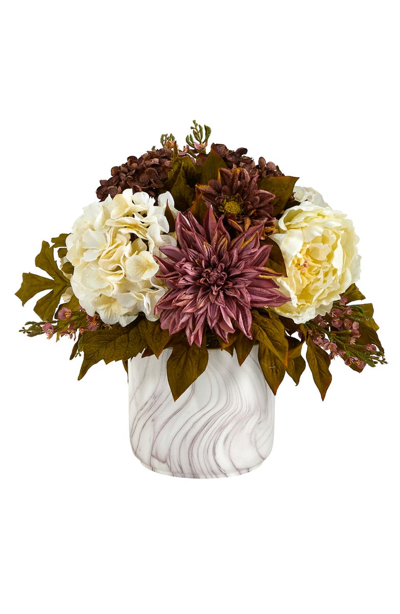 NEARLY NATURAL 15-in Peony, Hydrangea and Dahlia Artificial Arrangement in Marble Finished Vase, Main, color, Purple