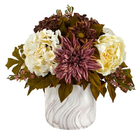 15-in Peony, Hydrangea and Dahlia Artificial Arrangement in Marble Finished Vase