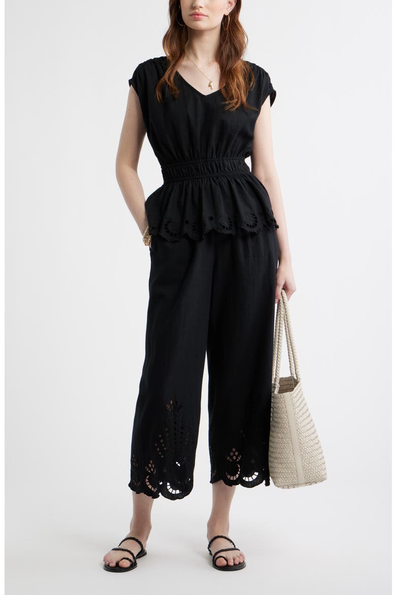 Cutwork Hem Linen Blend Pull-On Pants, Alternate, color, BLACK