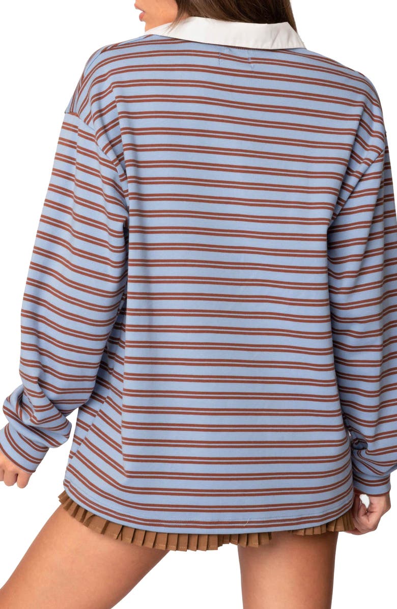 EDIKTED Stripe Long Sleeve Oversize Polo, Alternate, color, Blue