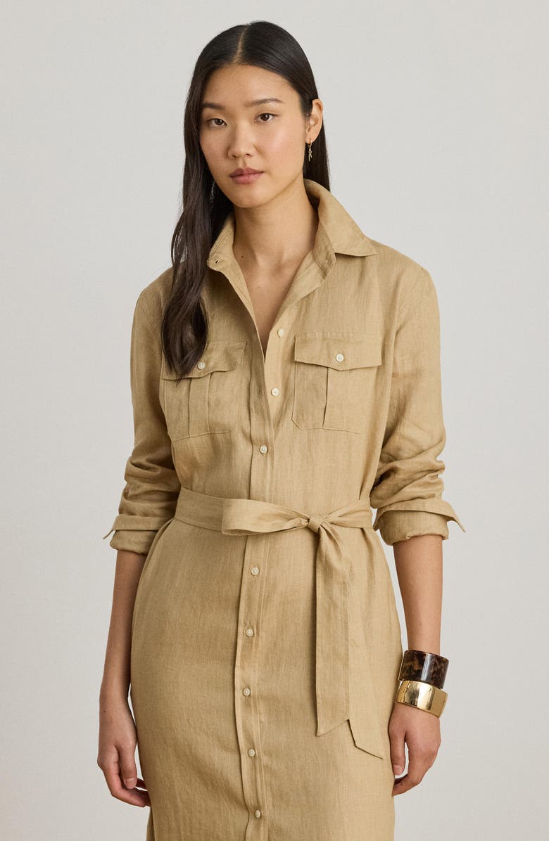 Lauren Ralph Lauren Long Sleeve Linen Shirtdress, Alternate, color, Birch Beige