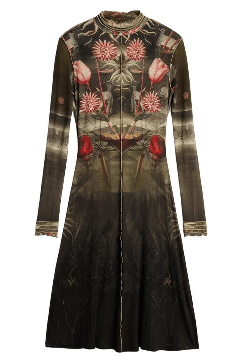 Floral Print Long Sleeve Minidress, Alternate, color, BLACK