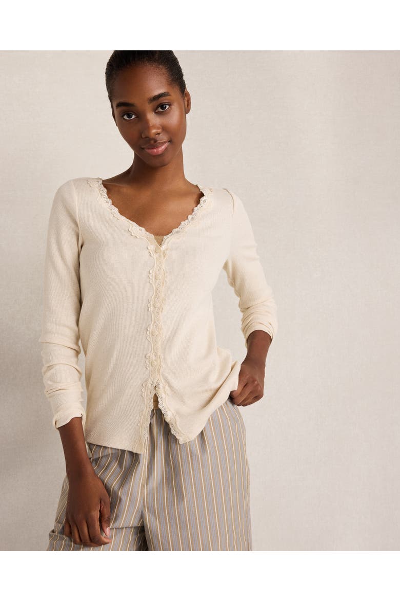 Organic Cotton Rib Knit Lace Cardigan, Main, color, Sandstone Hthr