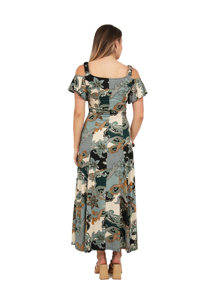 Womens Elevate Soft V-Neck Cold Sholder Ruffle Sleeve Wide A-Line Maxi Dress, Alternate, color, Green Multi