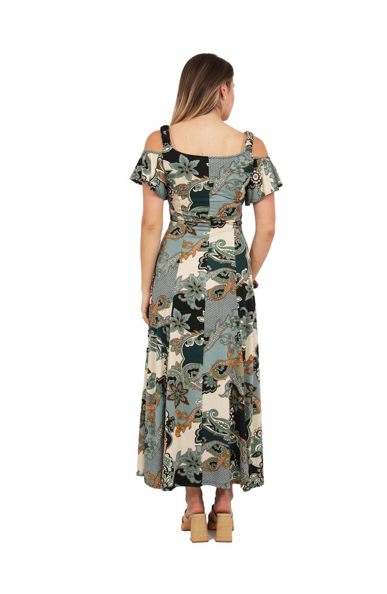24seven Comfort Apparel Womens Elevate Soft V-Neck Cold Sholder Ruffle Sleeve Wide A-Line Maxi Dress, Alternate, color, Green Multi