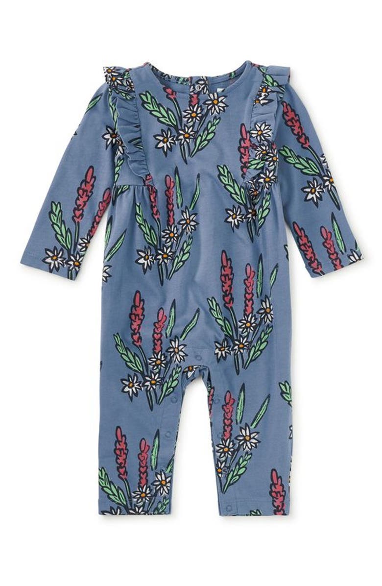 Tea Collection Ruffle Shoulder Baby Romper, Main, color, Block Print Floral