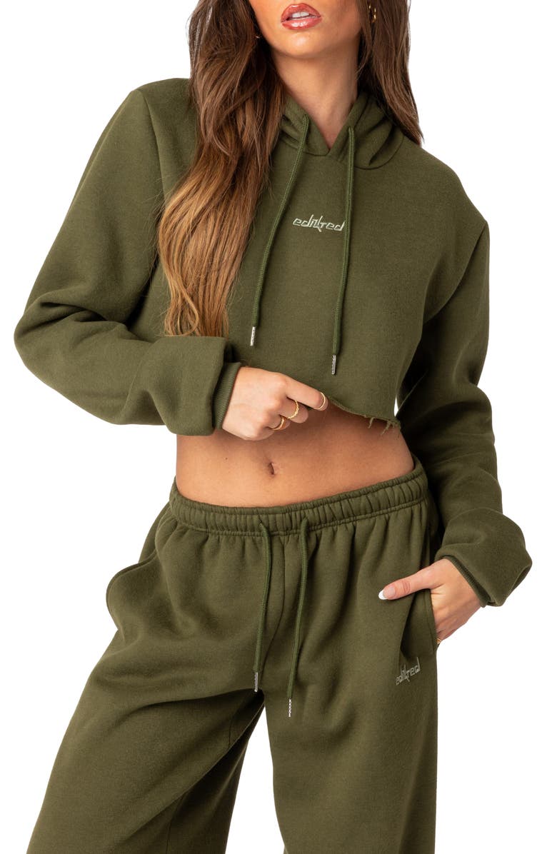 EDIKTED Breanna Cotton Blend Crop Hoodie, Main, color, Olive