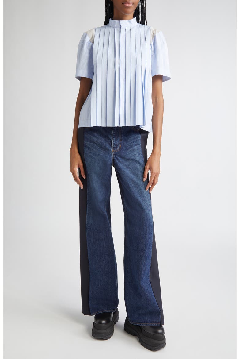 Pinstripe Pintuck Poplin Short Sleeve Button-Up Shirt, Alternate, color, LIGHT BLUE STRIPE