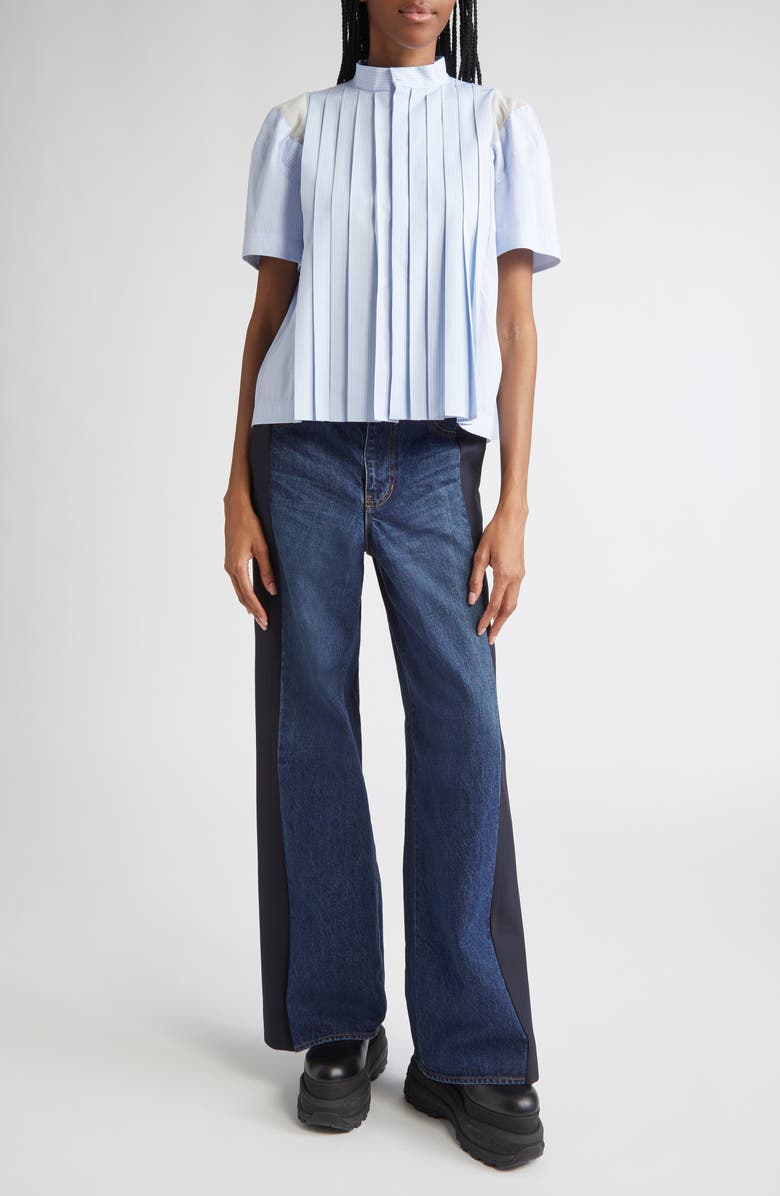 Sacai Pinstripe Pintuck Poplin Short Sleeve Button-Up Shirt, Alternate, color,