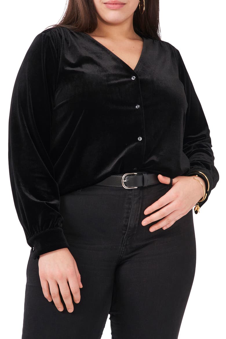 V-Neck Velvet Button Front Top, Main, color, RICH BLACK