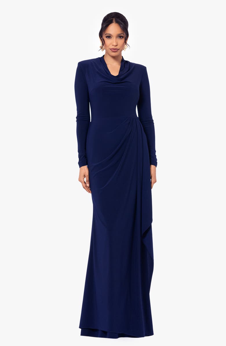 Betsy & Adam Cowl Neck Long Sleeve Sheath Gown, Alternate, color, 