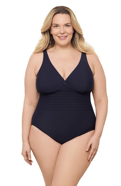 Plus Size V-Neck Surplice Trim Overlay Full Coverage One-Piece Swimsuit