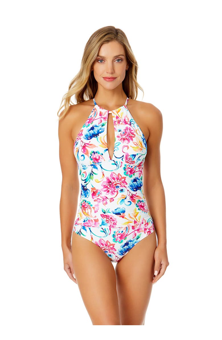 Anne Cole Women's Watercolor Paisley High Neck With Ruffled Straps One Piece Swimsuit, Main, color, Watercolor Paisley
