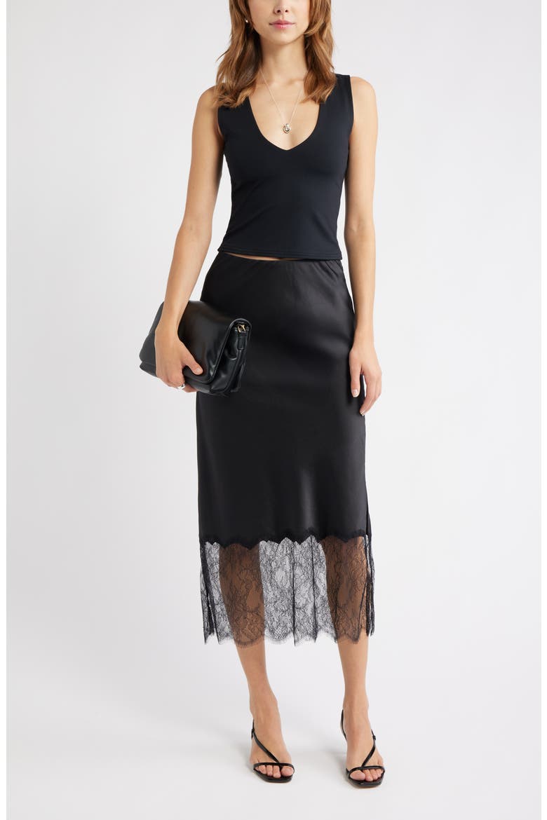 Lace Trim Satin Midi Skirt, Alternate, color, BLACK