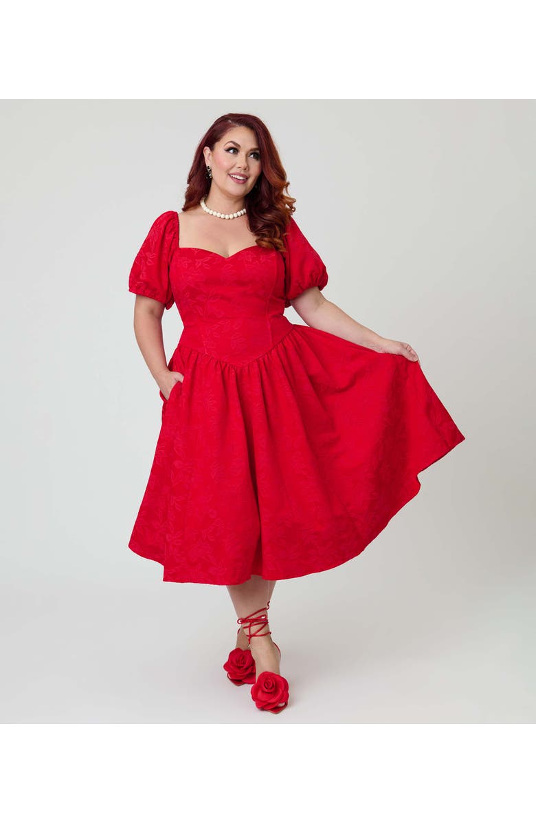 Smak Parlour Plus Size Puff Sleeve Swing Dress, Alternate, color, Red Floral Print