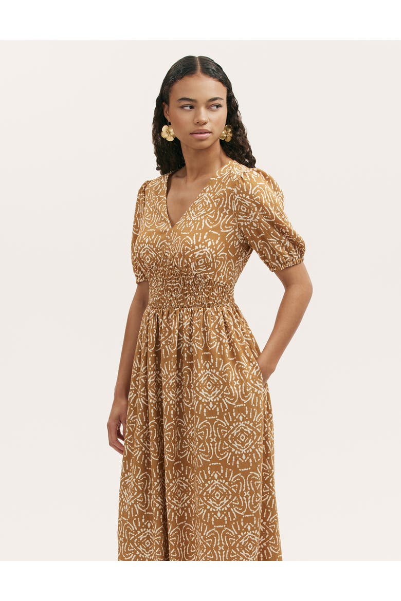Kiara Printed V-Neck Midi Dress, Alternate, color, Brown Batik