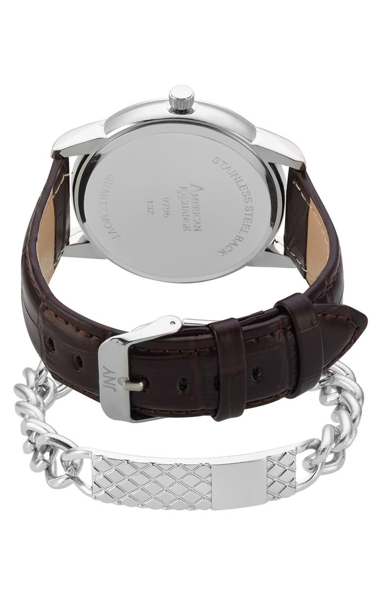 Jones New York Three-Hand Quartz Croc Embossed Strap Watch & ID Bracelet, Alternate, color, Brown