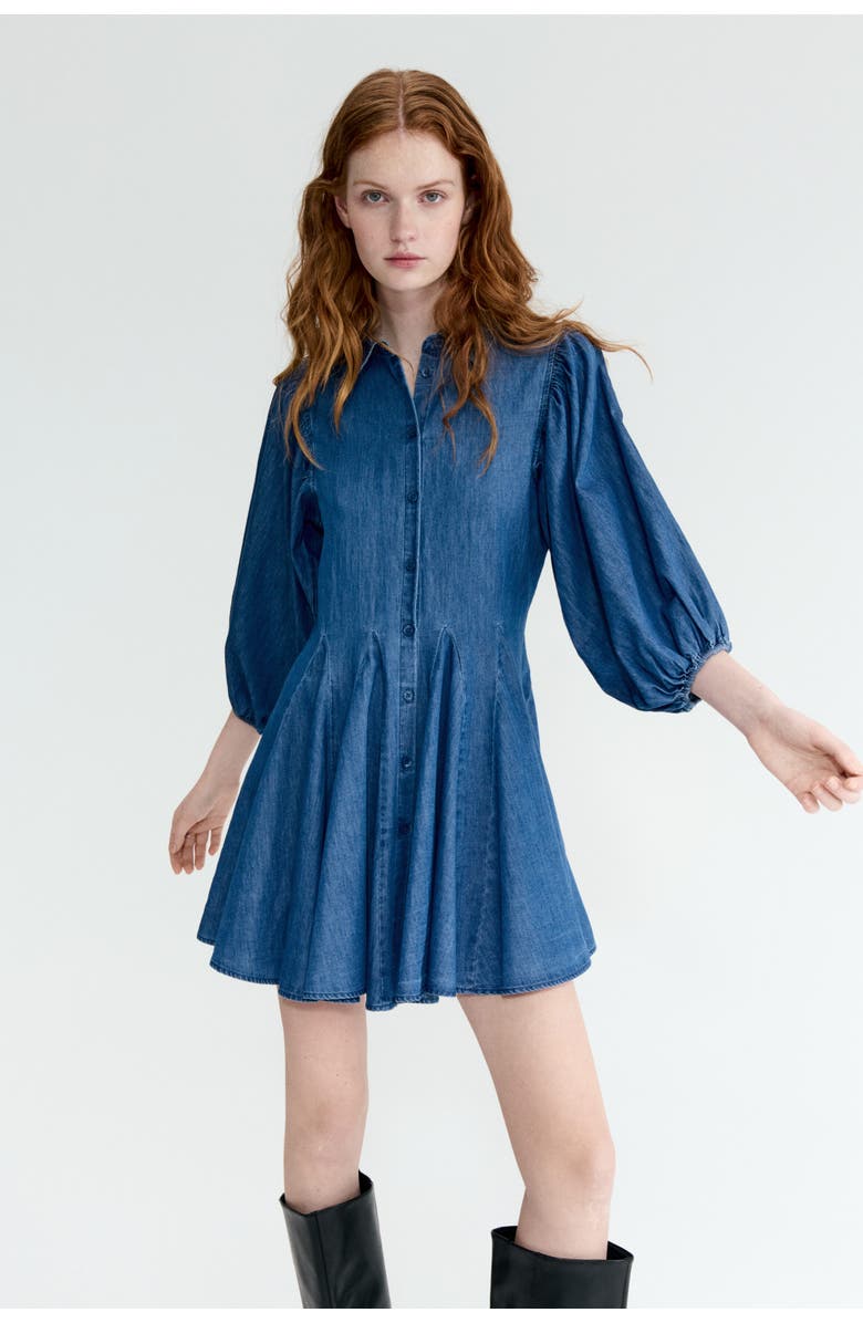 H&M Puff-sleeved Flared-skirt Dress, Alternate, color, Denim Blue