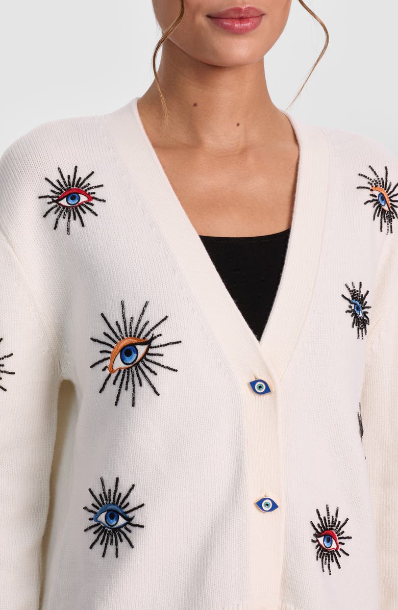 Alice + Olivia Bradley Embellished Stretch Wool Cardigan, Alternate, color, Ecru Multi