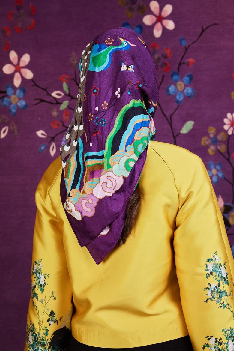 Wendy Morrison X Skylence Kujaku Peacock Silk Scarf, Alternate, color, Purple
