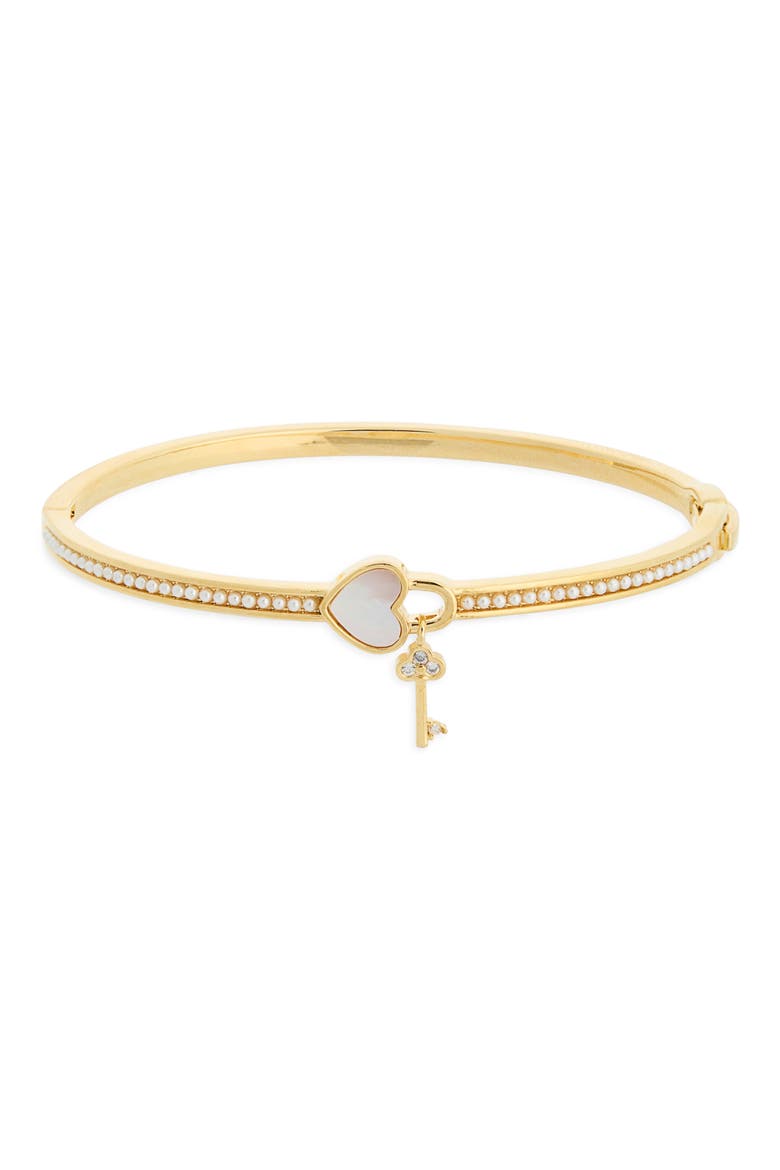 Lana Iridescent Heart & Faux Pearl Bangle Bracelet, Main, color, GOLD