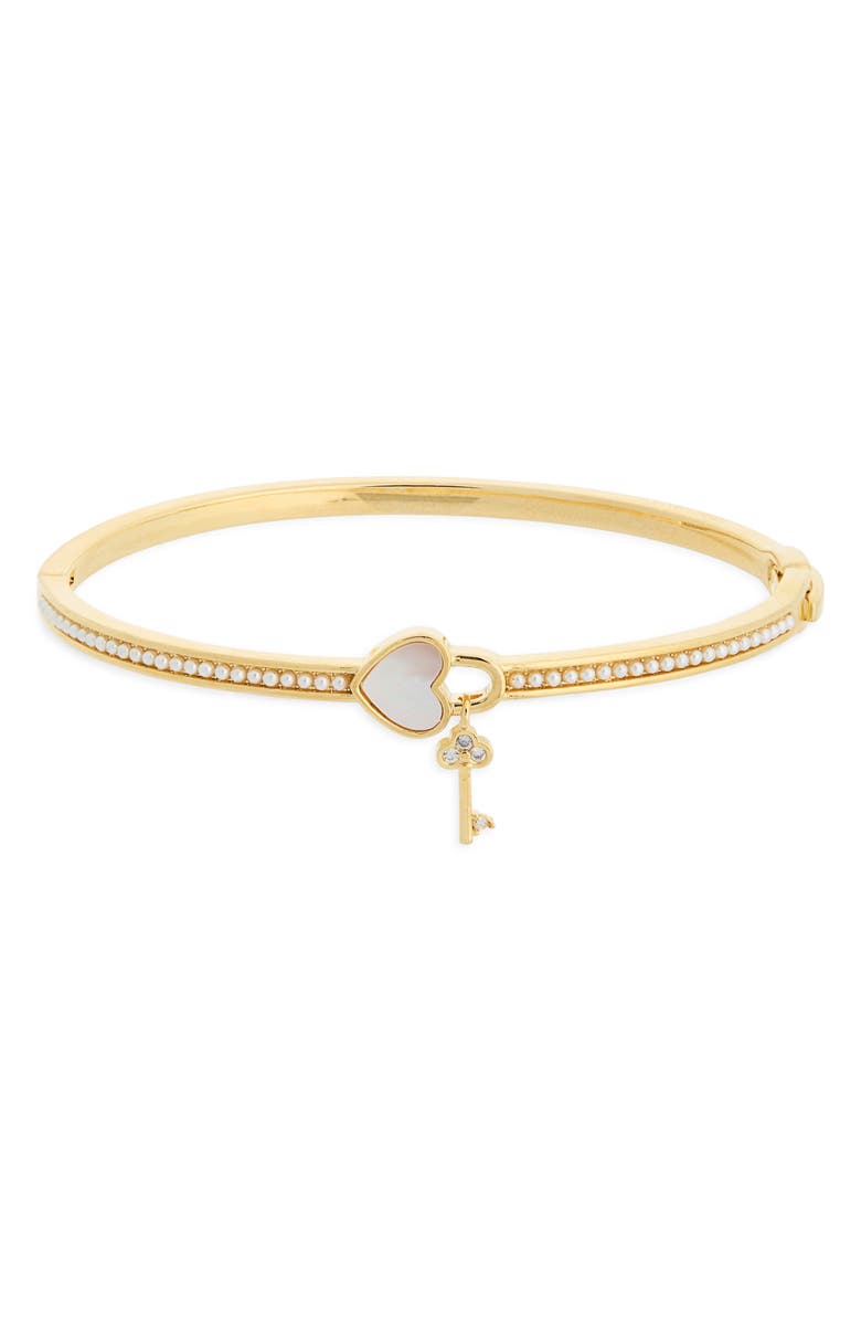 EYE CANDY LOS ANGELES Lana Iridescent Heart & Faux Pearl Bangle Bracelet, Main, color, Gold