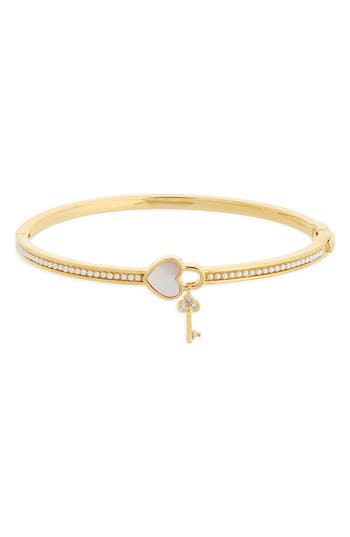Eye Candy Los Angeles Lana Iridescent Heart & Faux Pearl Bangle Bracelet In Gold