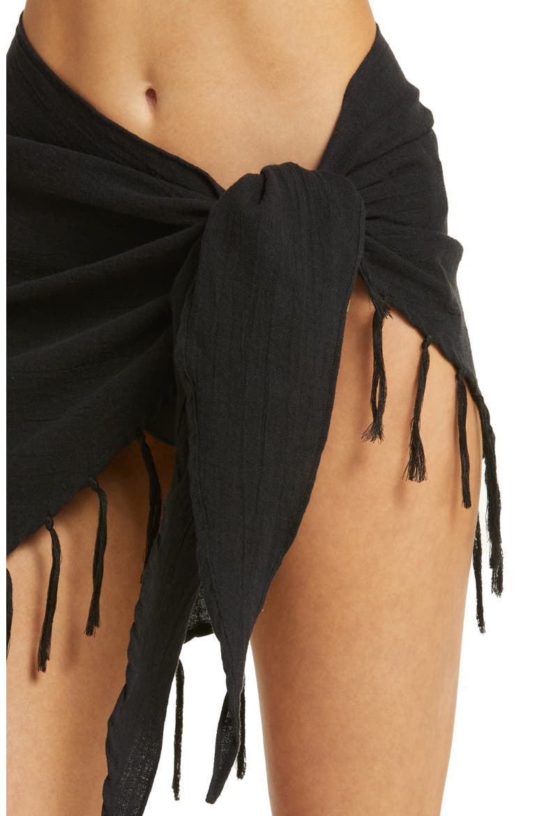 Sirena Tassel Linen Blend Sarong, Alternate, color, BLACK CRINKLE LINEN