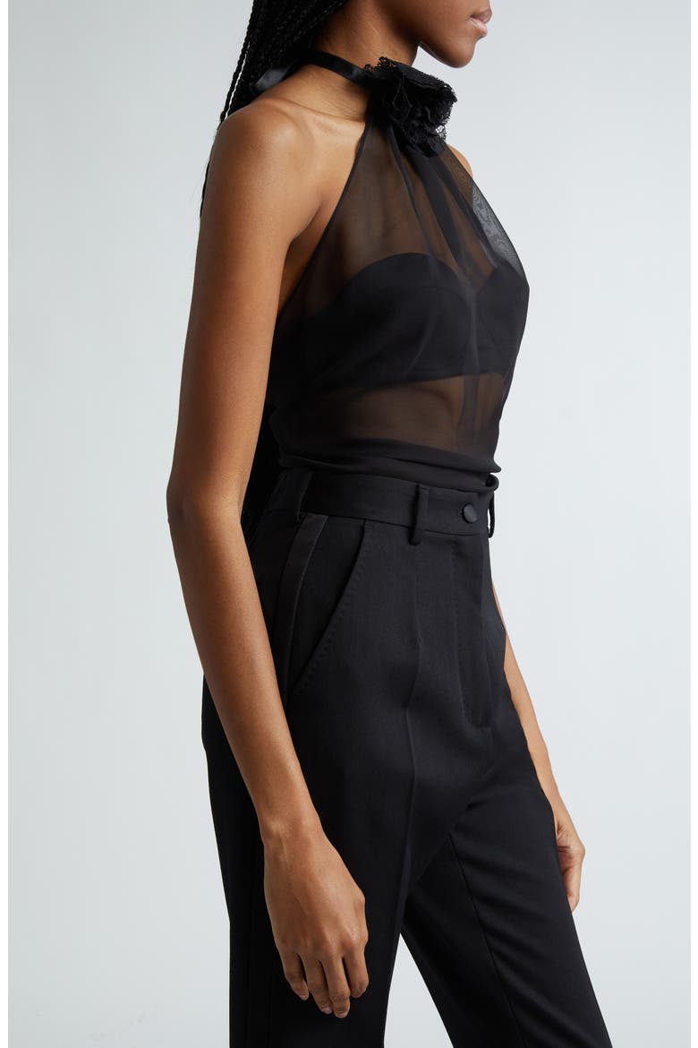 Rosette Silk Blend Chiffon Halter Top, Alternate, color, NERO