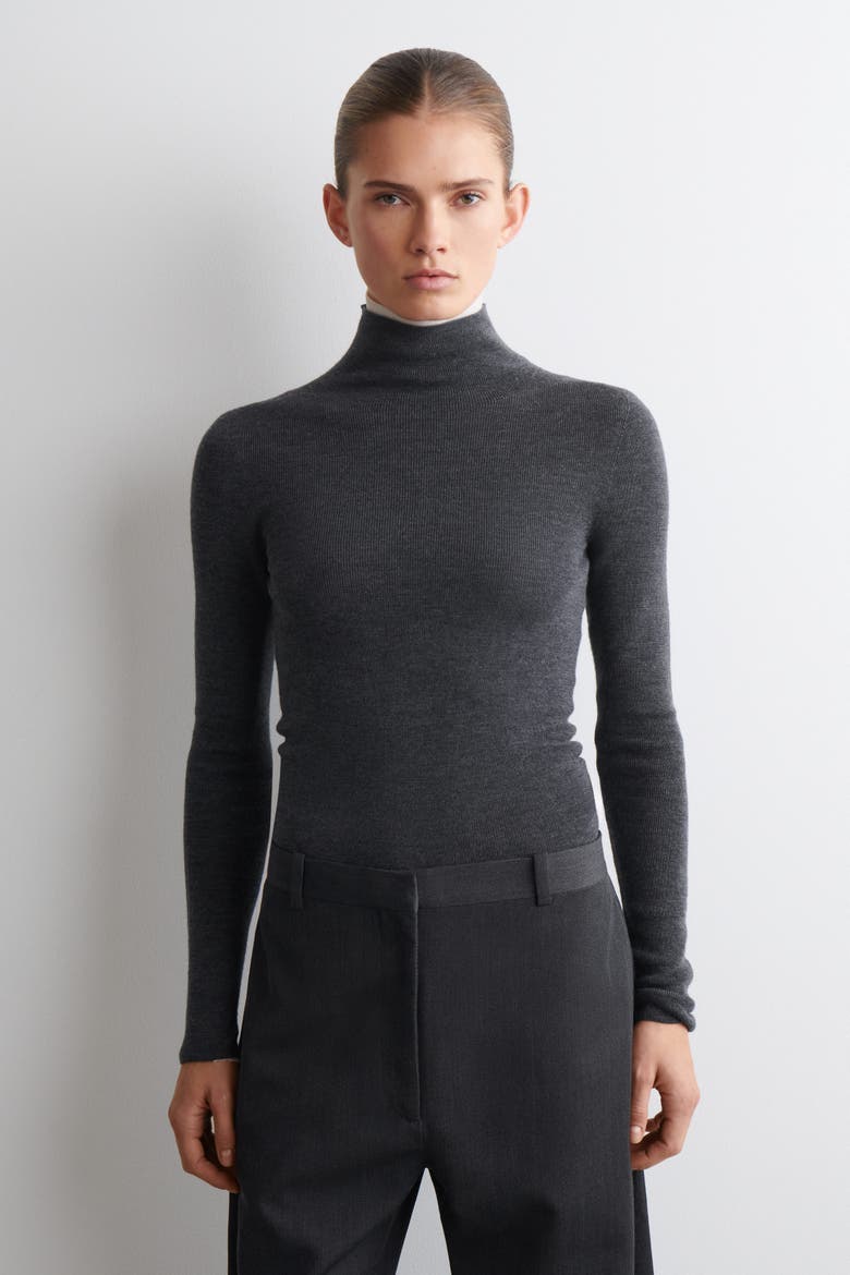 Seamless Merino Wool Turtleneck Long-Sleeved Top, Main, color, CHARCOAL MÉLANGE